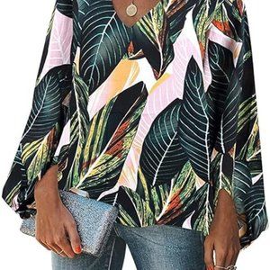 Women's Casual Sweet & Cute Loose Shirt Balloon Sleeve V-Neck Blouse M